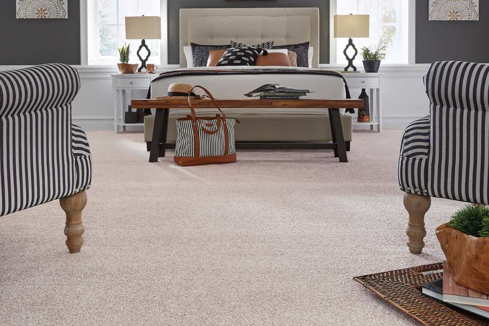 plush white cut pile carpet in modern grey bedroom